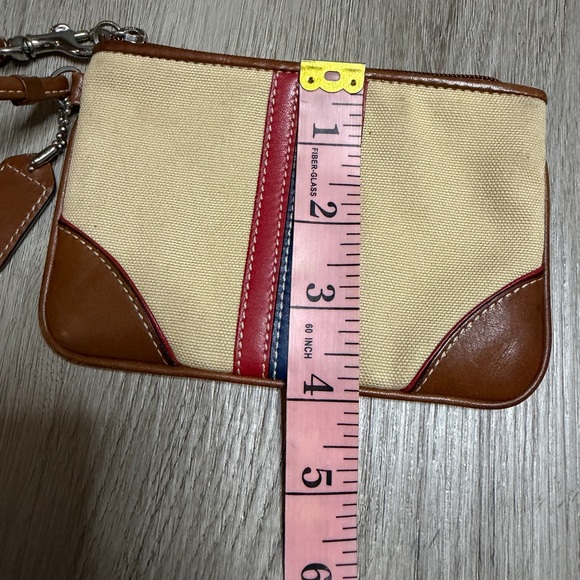 Coach Tan Canvas Wristlet with Red and Blue Stripe Accents - Picture 3 of 5